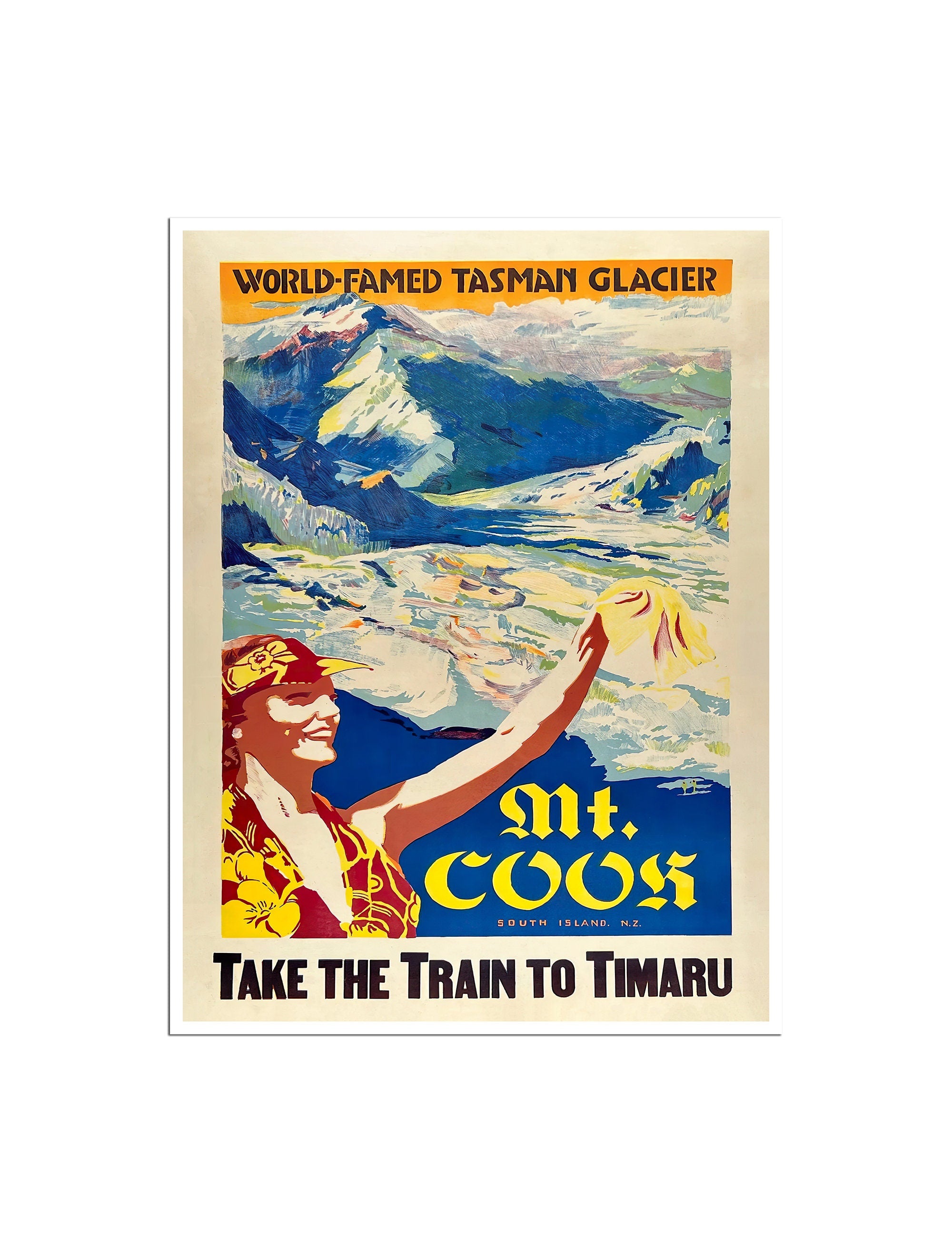 Mount Cook Poster Aoraki Art Vintage New Zealand Print (XR4779)