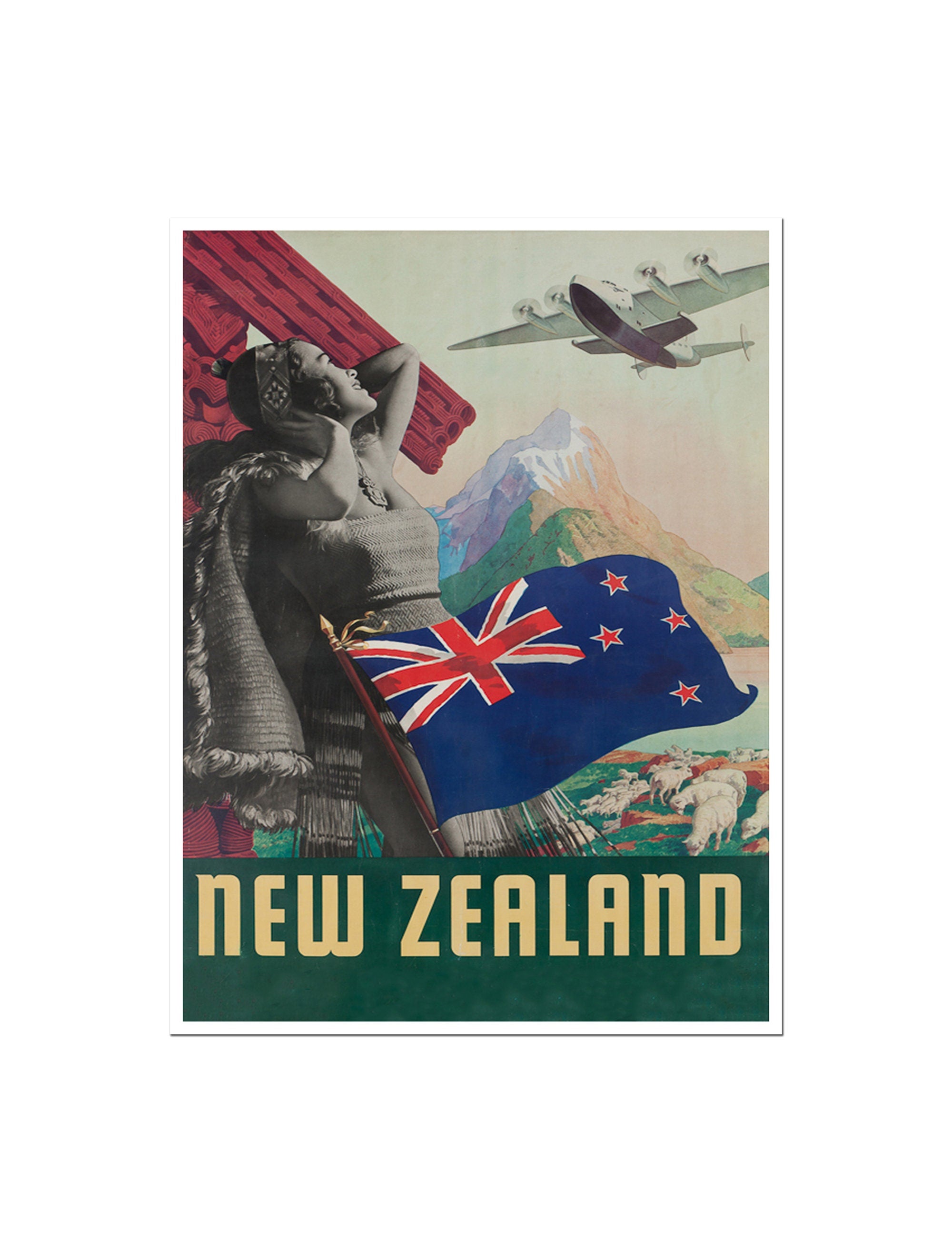 New Zealand Travel Poster Vintage Print New Zealand Flag Art (XR3244)