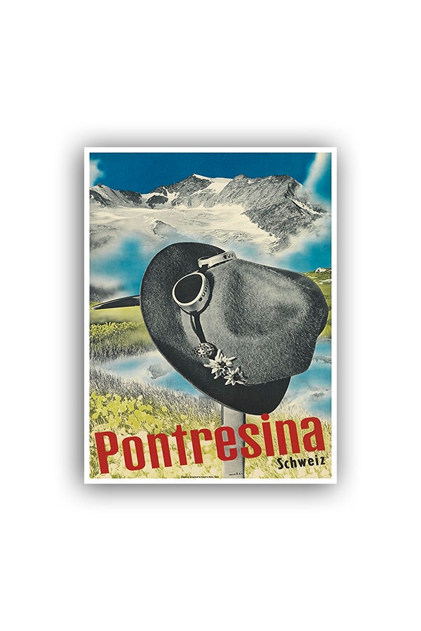 Pontresina Travel Poster Swiss Retro Art Mountain Climbing Decor Print (H461)