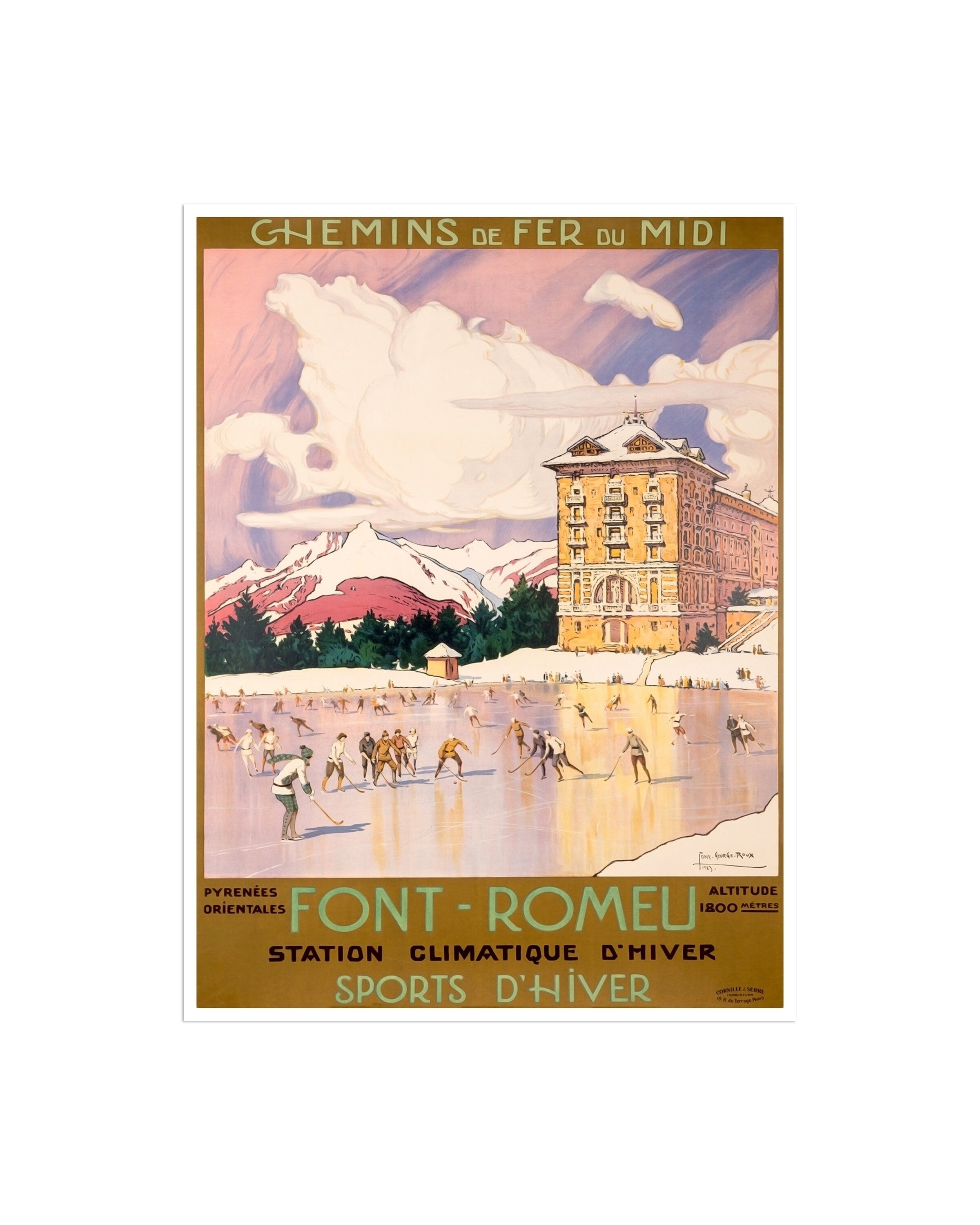 Ice Hockey Art Ski Decor Travel Skiing Poster Font-Romeu Vintage Print (H551)