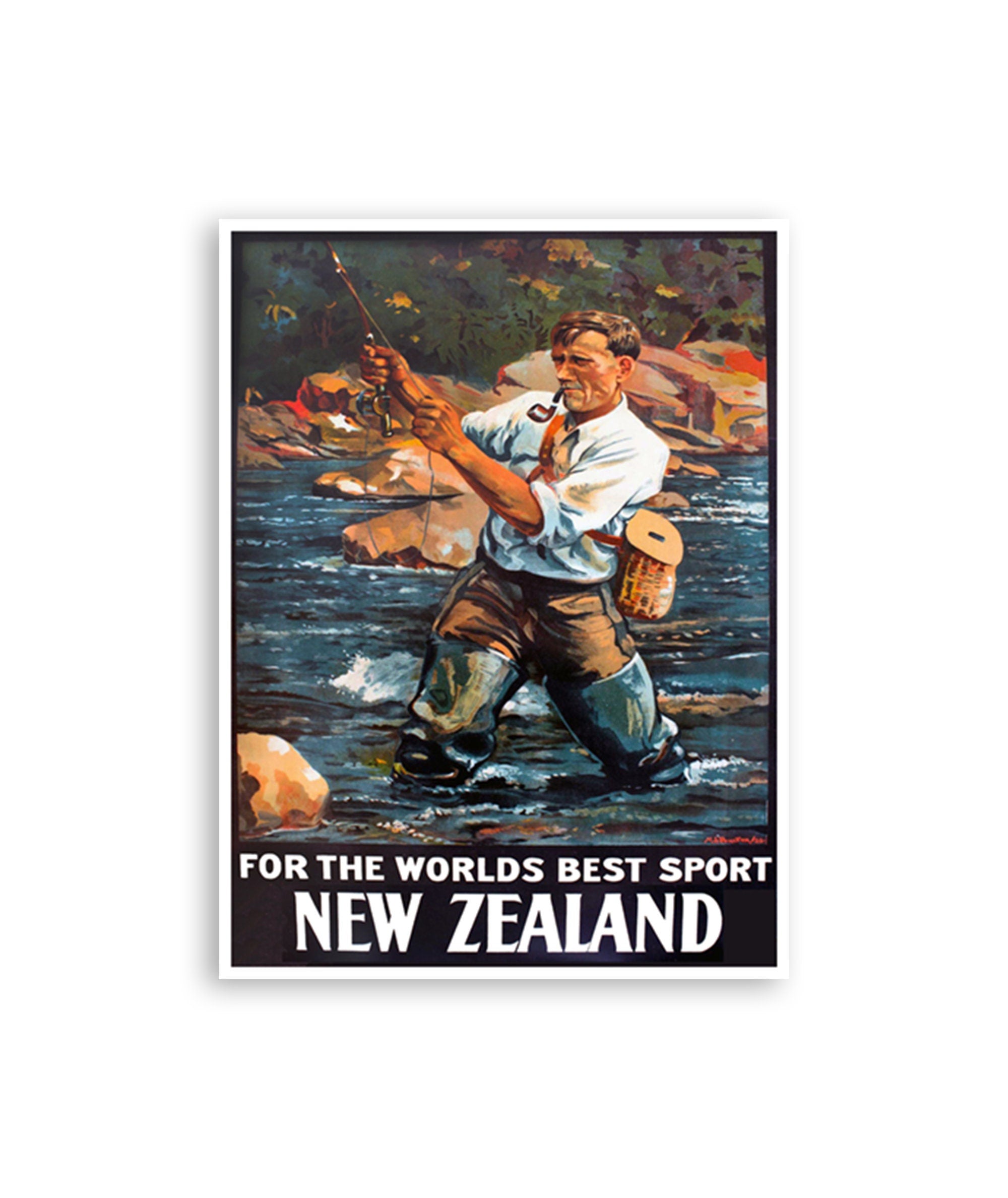 Art New Zealand Travel Poster Fly Fishing Vintage Print (ZT166)