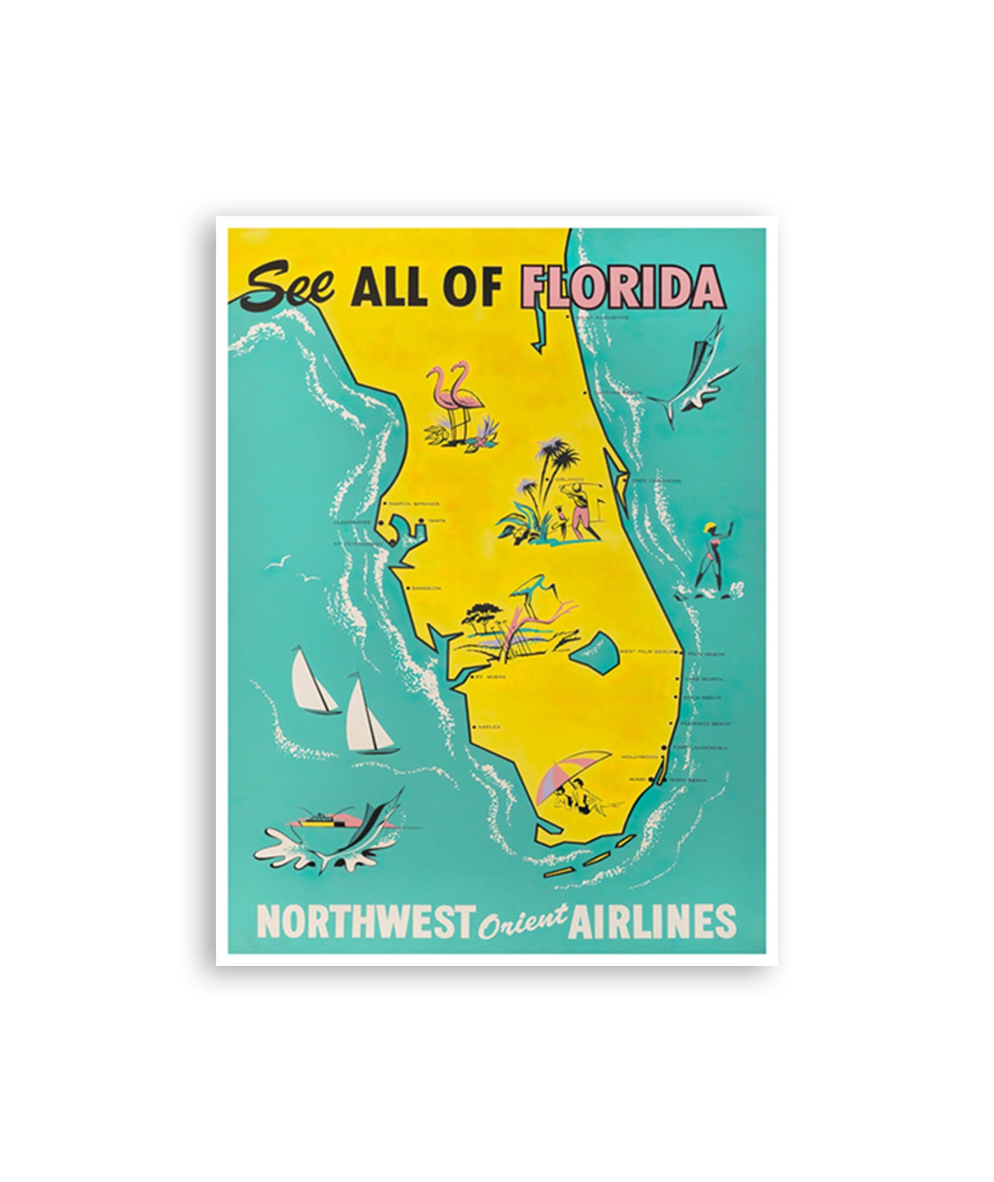 Florida Map Poster Travel Art Retro Floridian Poster Print (H1405)