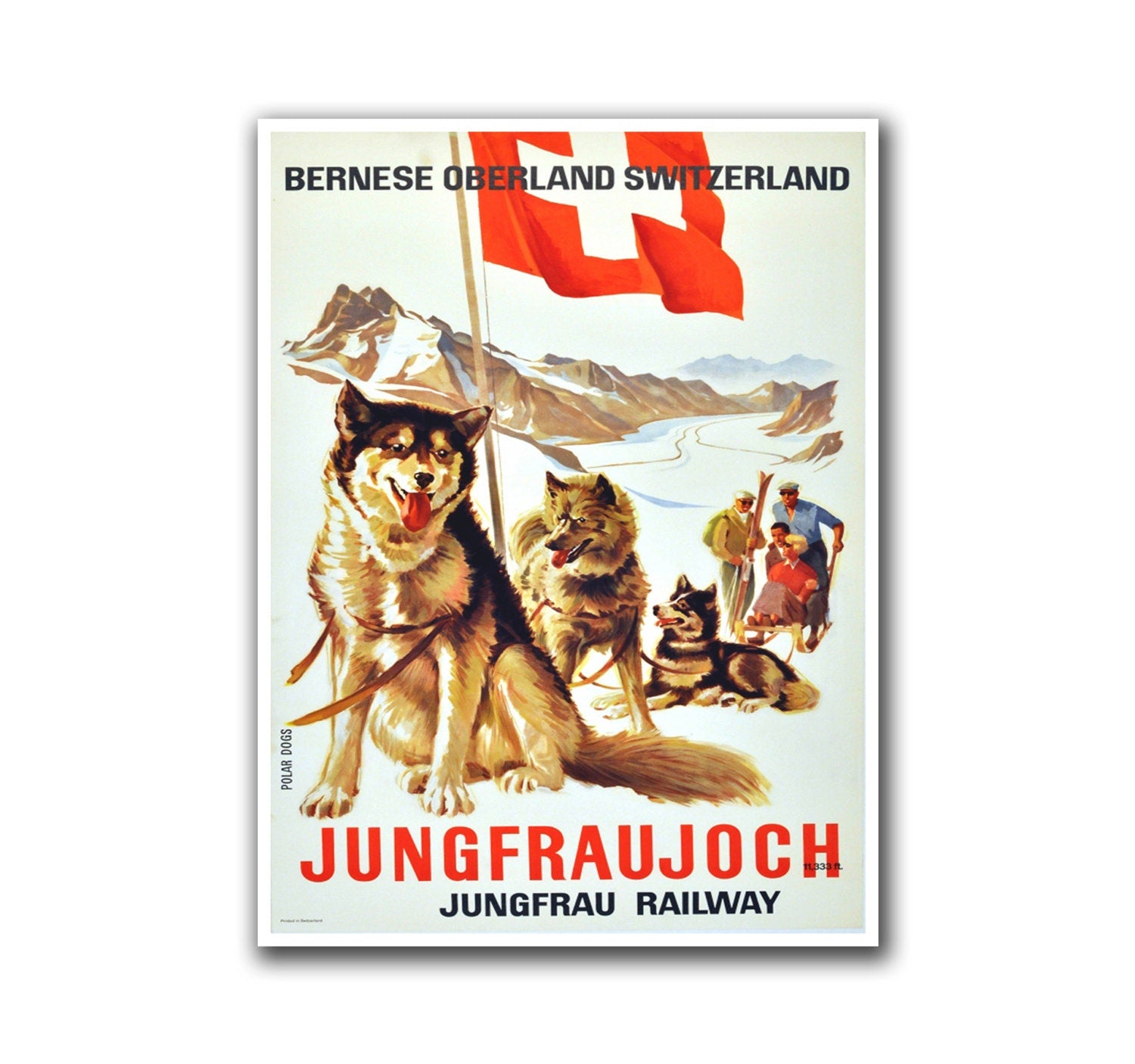 Switzerland Travel Poster Dog Sled Swiss Art Man Cave Vintage Decor Retro Print (H27)